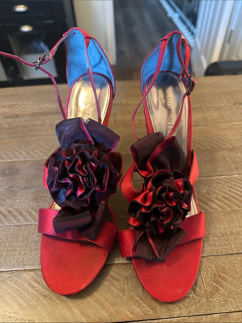Nine West Red Satin Floral Ankle-Strap Heels